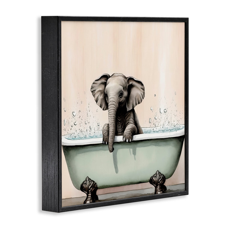 Baby Elephant Bathtime Framed Giclee, design by Sasha, 24" H x 24" W, Midnight Black Framed Giclee