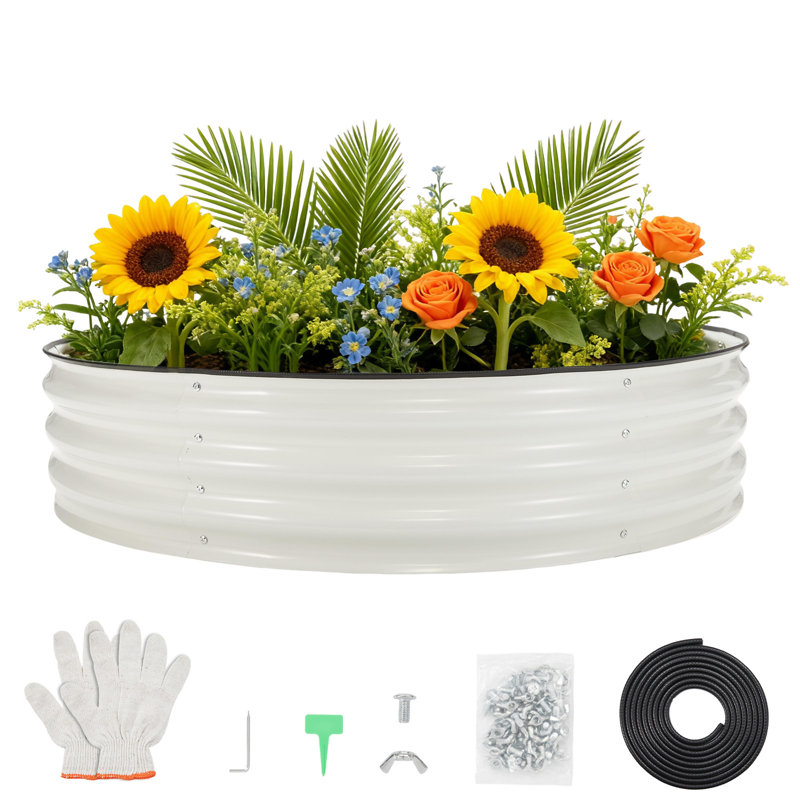  4*4*1ft Galvanized Raised Garden Bed Kit, Round Metal Planter Box w/ Open Base, White, 1pc, White