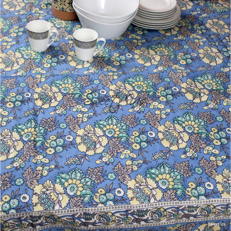 Griner Floral 100% Cotton Tablecloth, Blue, Square 72" L x 72" W