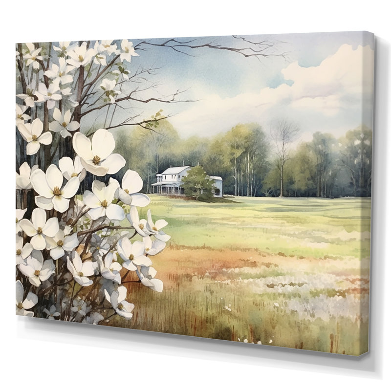 Cornouiller blanc gris à la ferme I - Art mural floral, H 16 po x l 32 po x P 1 po, Toile tendue