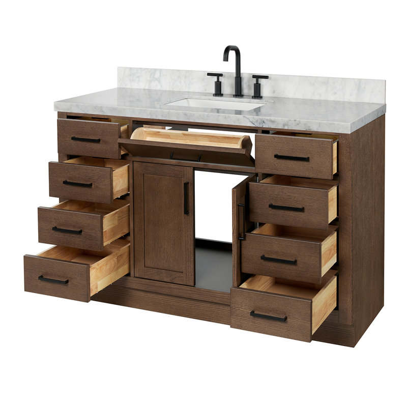 Meuble-lavabo simple en bois massif 54 po avec lavabo en marbre Carrara de 1,5 po Thornaby, Forme rectangulaire