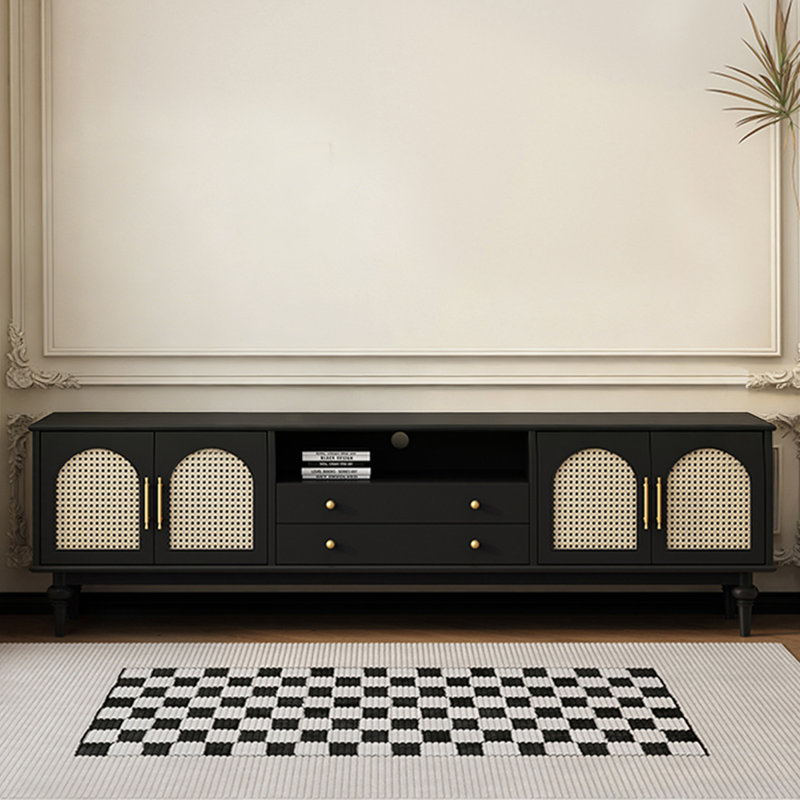 Meuble télé moderne en bois massif noir, 22.83"H x 86.61"L x 15.75"W