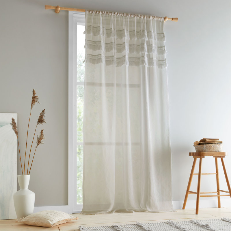 Izmir Tassel Voile Slot Top Panel Curtain, Stone Grey, 140 W x 183 D cm
