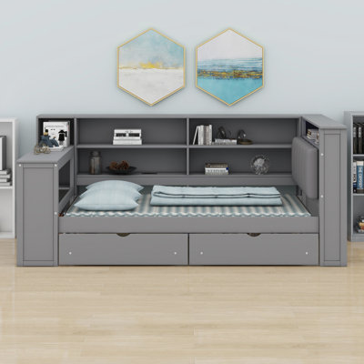 Lit plateforme en bois avec tablettes de rangement, tiroirs, station de charge, DEL, bureau et tête de lit tapissier