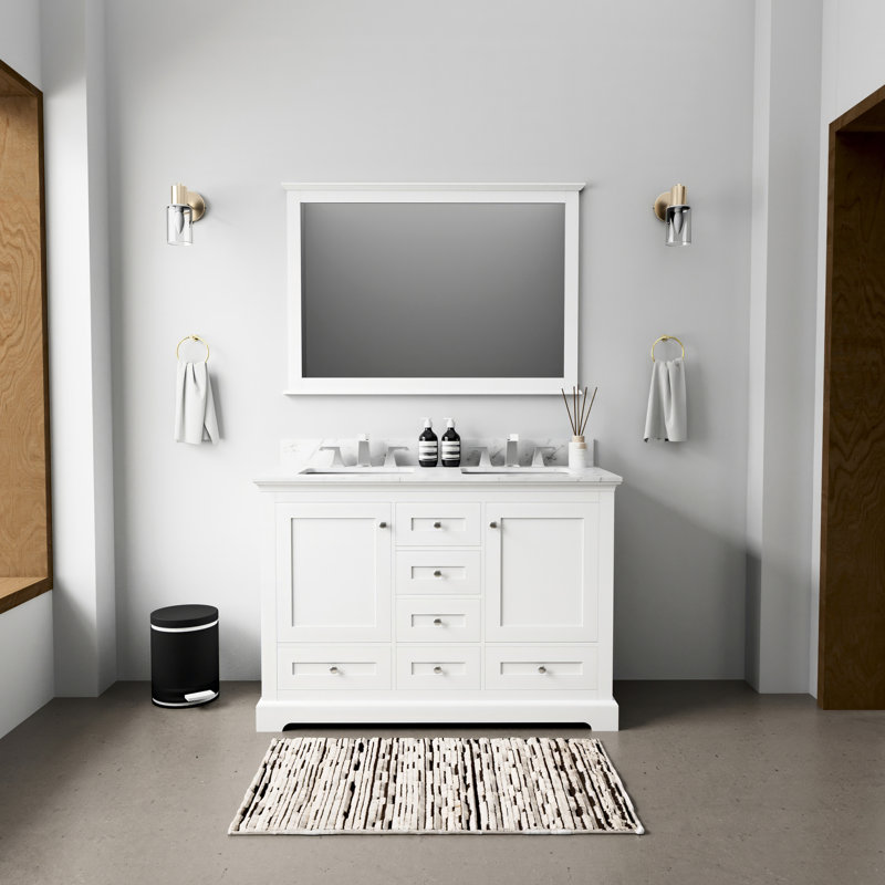 Meuble-lavabo double blanc 48 po L, mécanisme de fermeture en douceur pour une utilisation silencieuse, deux armoires, six tiroirs et une tablette, évier en contreplaqué de bois massif assemblé avec contreplaqué x P 22 po avec rangement fermé, ouvert