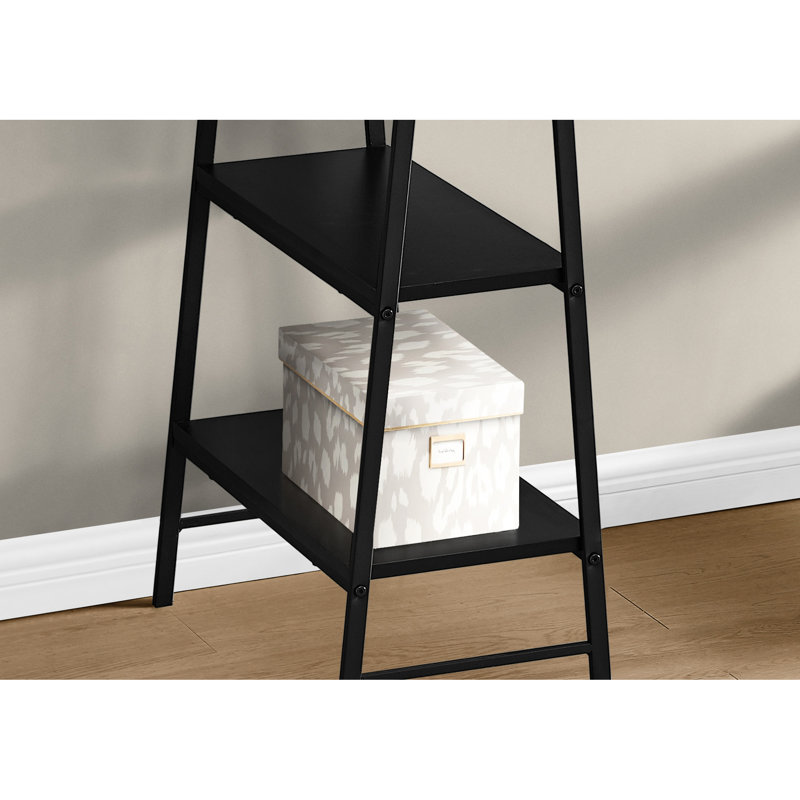 Bureau moderne avec étagères de rangement, 122 cm (48 po), stratifié noir et métal, 4 étagères, idéal pour travailler sur ordinateur.