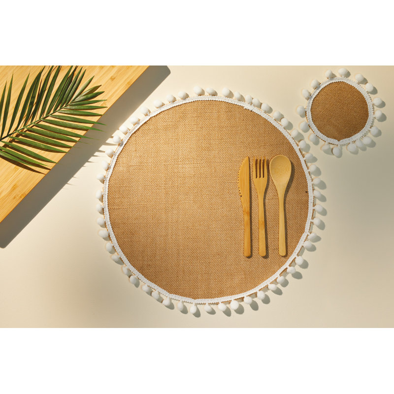 Natural Elements Woven Hessian Placemats with Pom Pom Decorations