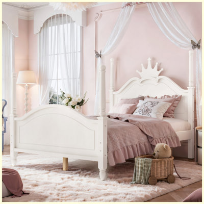 Full Size Crown-Shaped Four-Poster Wooden Platform Bed with Elegant Curved Headboard, Beige