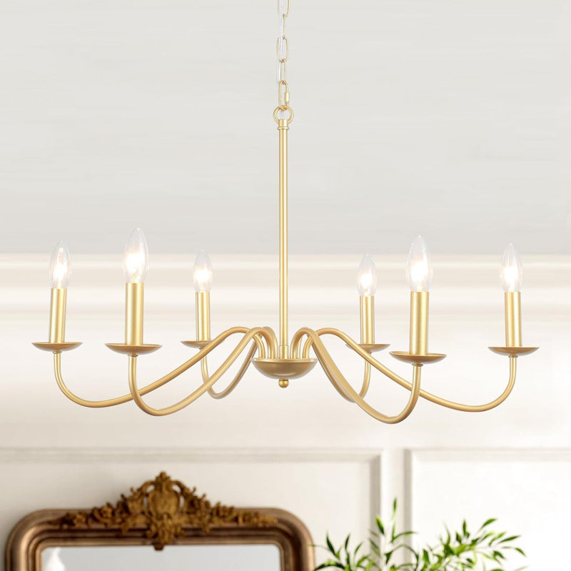 Ercel 6-Light Dimmable Classic Candle Style Rustic Linear Farmhouse Chandelier for Kitchen Island , Spray Gold