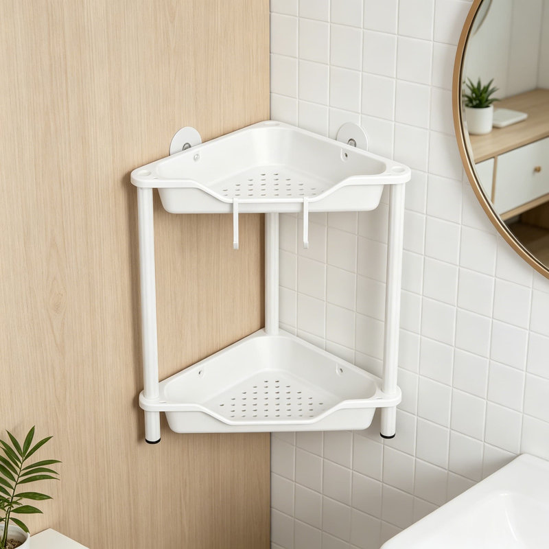 Étagère de coin de salle de bain à 2 niveaux antirouille et support de tablette de coin en plastique et en métal pour rangement de salle de bain