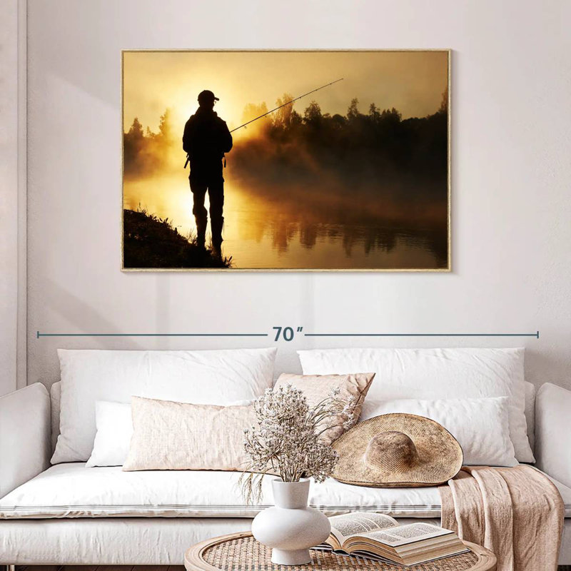 Pêche sur une berge brumeuse, Cadre flottant en bois naturel, 46 po x 31 po