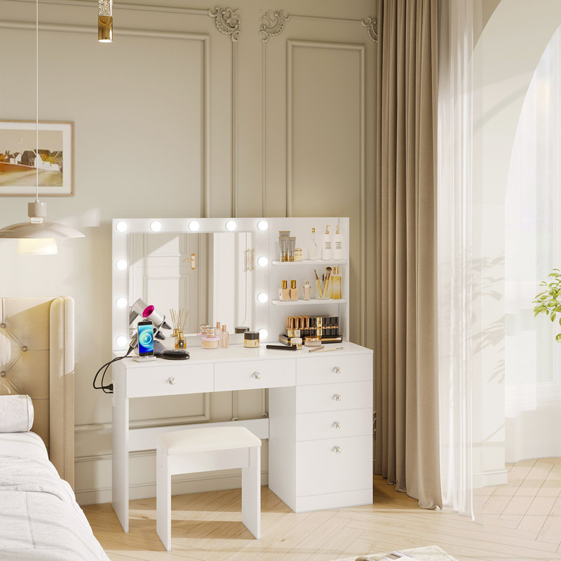 Greyden Makeup Vanity with Lighted Mirror, Outlets and 6 Drawers, White