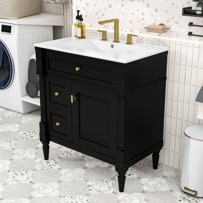 Meuble-lavabo autoportant avec tiroir rabattable, tablette réglable et lavabo en céramique brillante