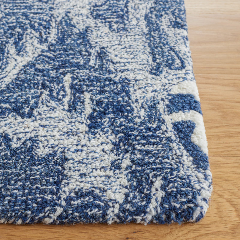 Ikat Hand Tufted Wool/Cotton Ikat Rug in Ivory/Blue, Rectangle 3' x 5'