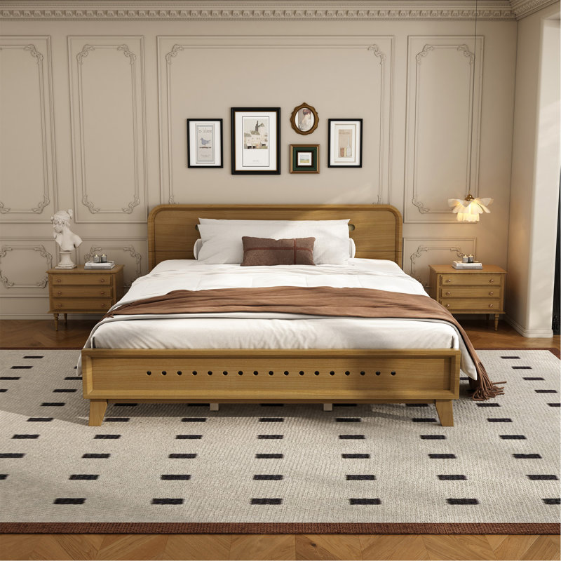 Pine Solid Wood Queen Size Bed, Solid And Stable, No Box Spring Needed, Rustic Yellow Color
