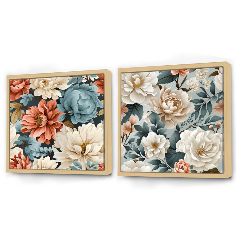 Keila - Ensemble de 2 collages carrés floraux, H 16 po x l 33 po, Cadre flottant brun