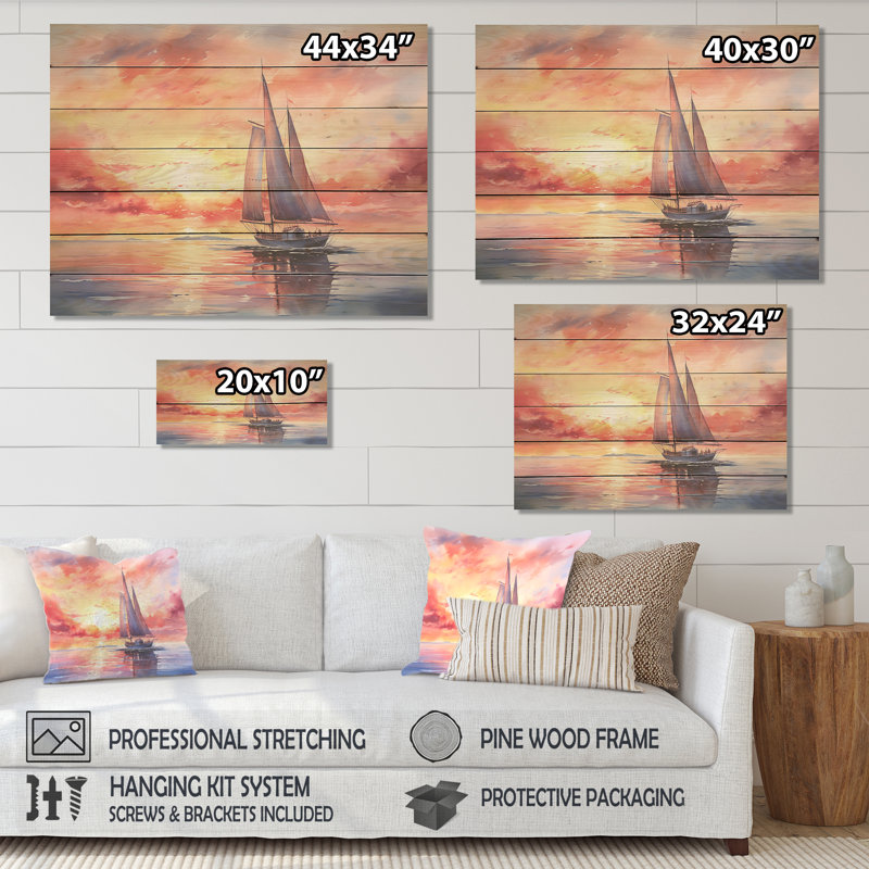 Motif de voiliers pastel, coucher de soleil III - Bateau à voile sur bois, H 10 po x l 20 po x P 0,78 po