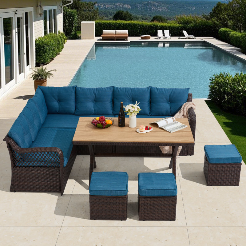 Ensemble de salle à manger d'extérieur en osier 7 pièces, ensemble de patio en rotin avec coussin, Bleu