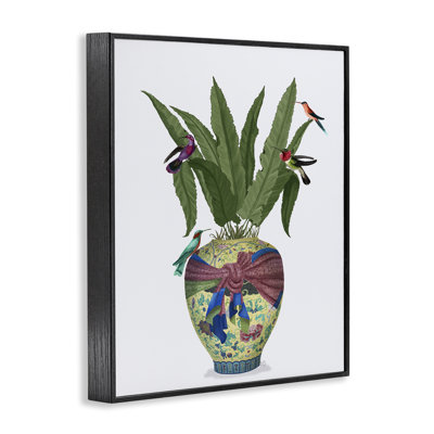 Oiseaux traditionnels sur pot à fleurs, estampe numérique par Fab Funky