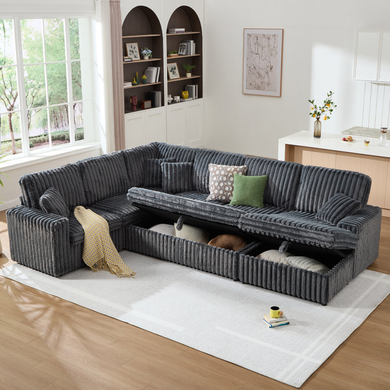 130" Wide U-Shaped Sectional Sofa With Multiple Storage Seats And 2-Seat Movable Ottoman, Gray Faux Fur, Gray Faux Fur
