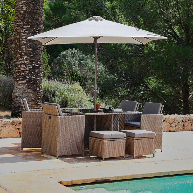 Quilla All Weather Wicker/Rattan 8 - Person with Cushions, Yes, Brown with Cream Parasol