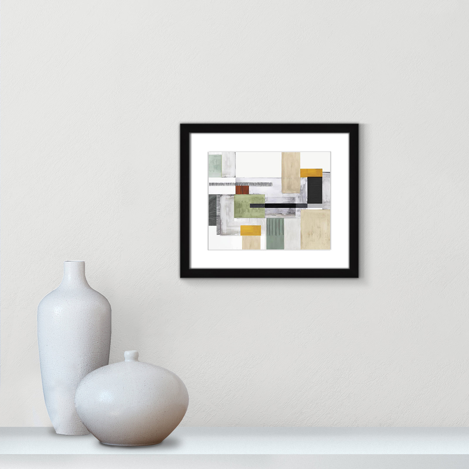 Playful Blocks by Tom Reeves, White, 13" H x 15" W x 1.25" D, Black Box Picture Framed