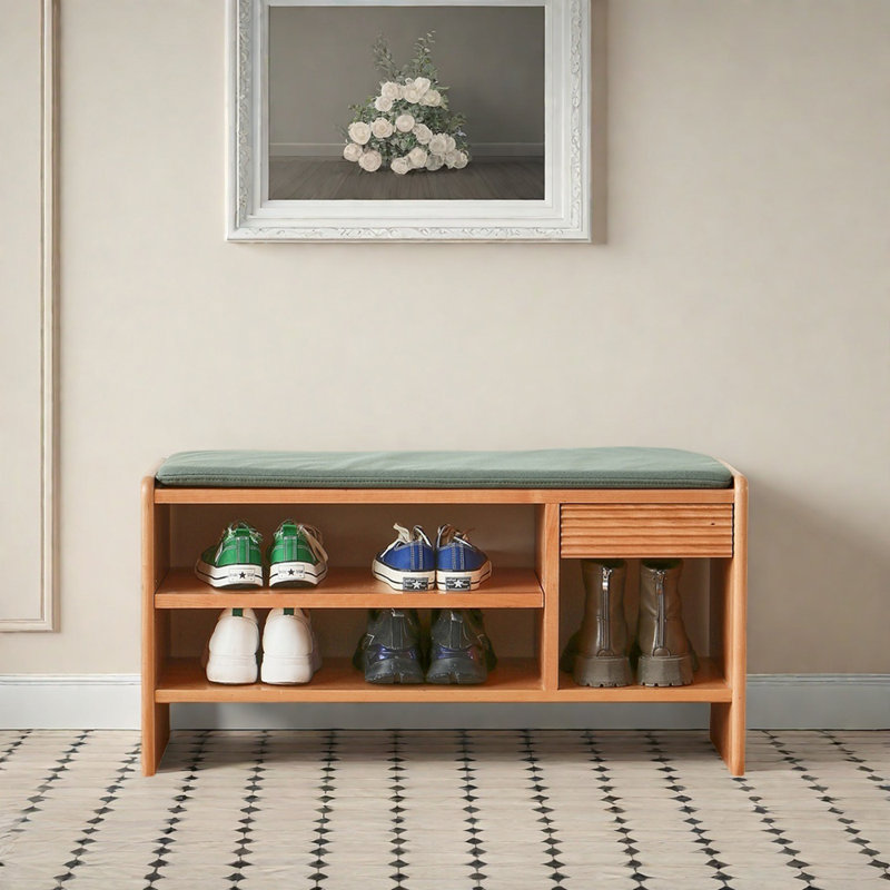 Banc de rangement pour chaussures 35,4 po, Vert / bois naturel