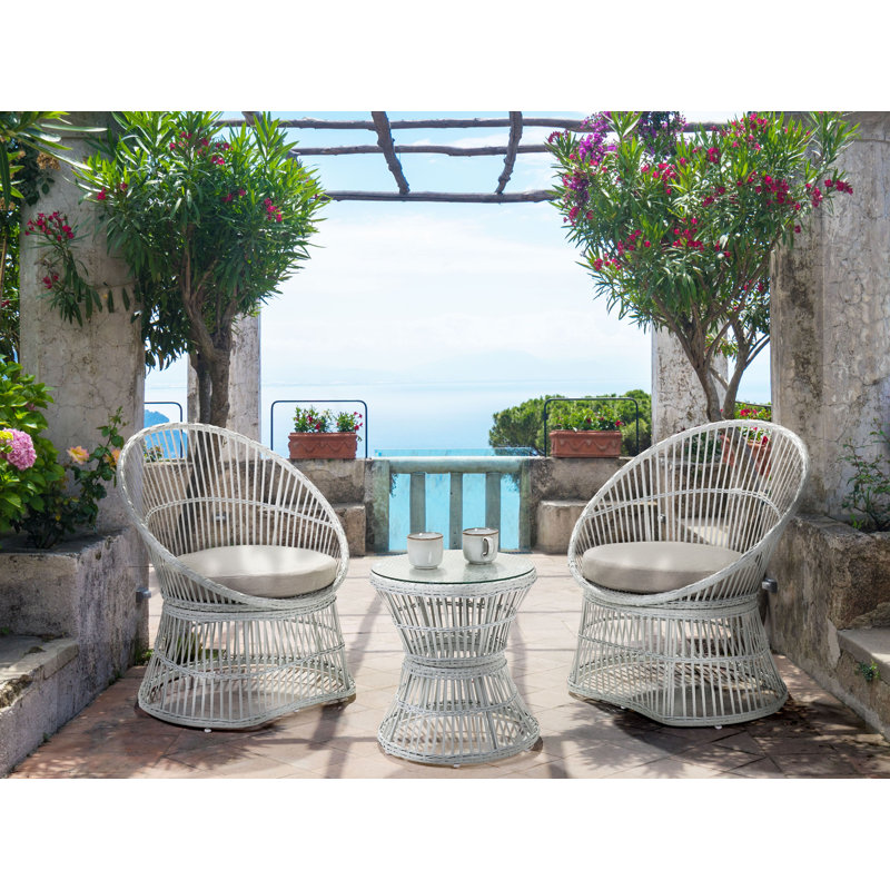 Asmita 2 - Person Wicker Patio Dining Set with Round Table , Cushions Included, White, Begie