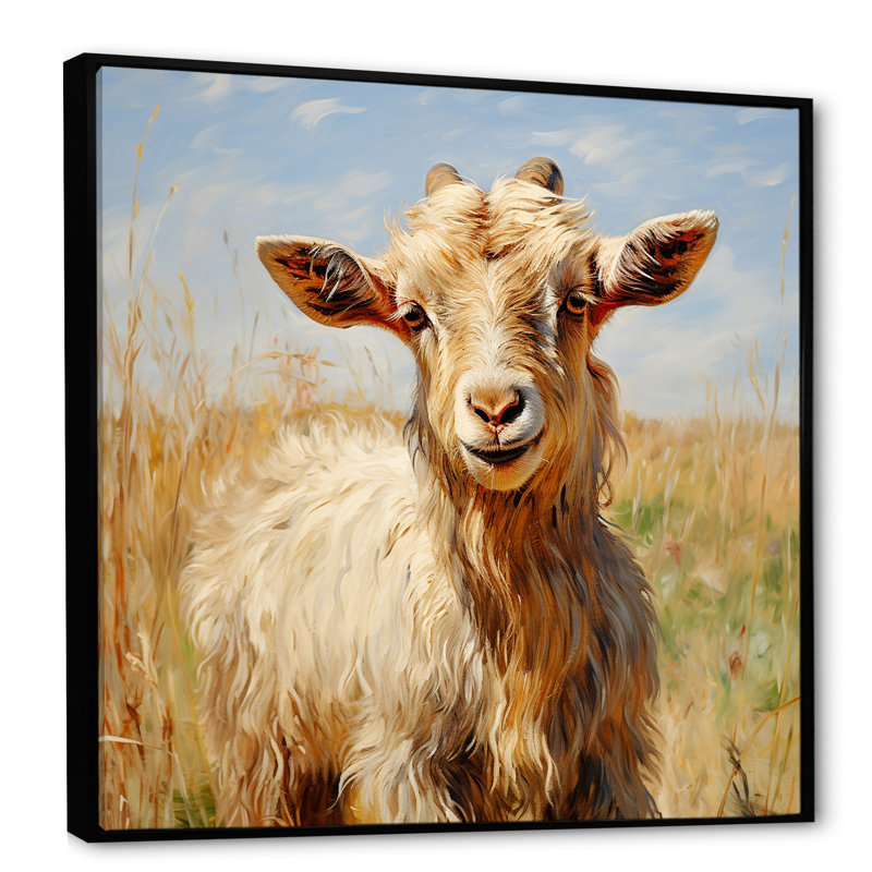 Adorable chèvre dans un champ champêtre I - Chèvre, art mural, Cadre flottant noir, H 16 po x l 16 po x P 1 po