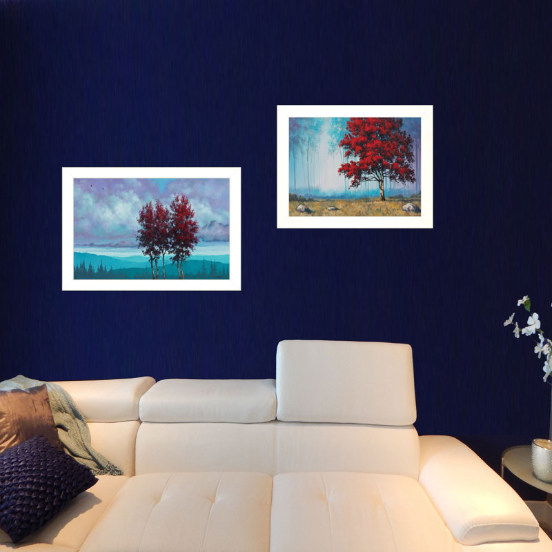 Ensemble de deux arbres rouges, art mural, Cadre de coin blanc fermé