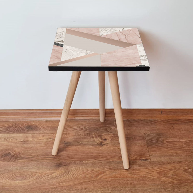 Modern Side Table with Beech Wood Legs, Pink, White & Beige, 13.8 x 16.5 x 13.8 inches | 100% MDF, Thickness: 0.7 inches | Stylish Geometric Design for Living Room, Bedroom & Office, Durable & Chic