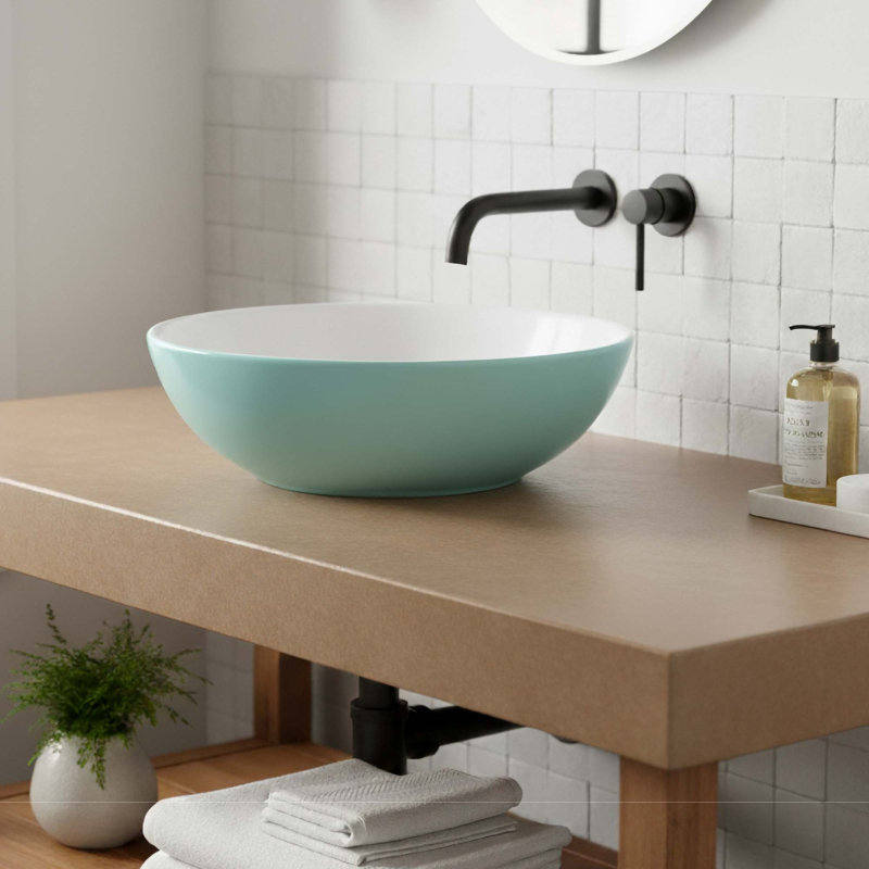 16" Round Ceramic Vessel Bathroom Sink – Modern Textured Interior Bowl Design in Mist Blue, Blue