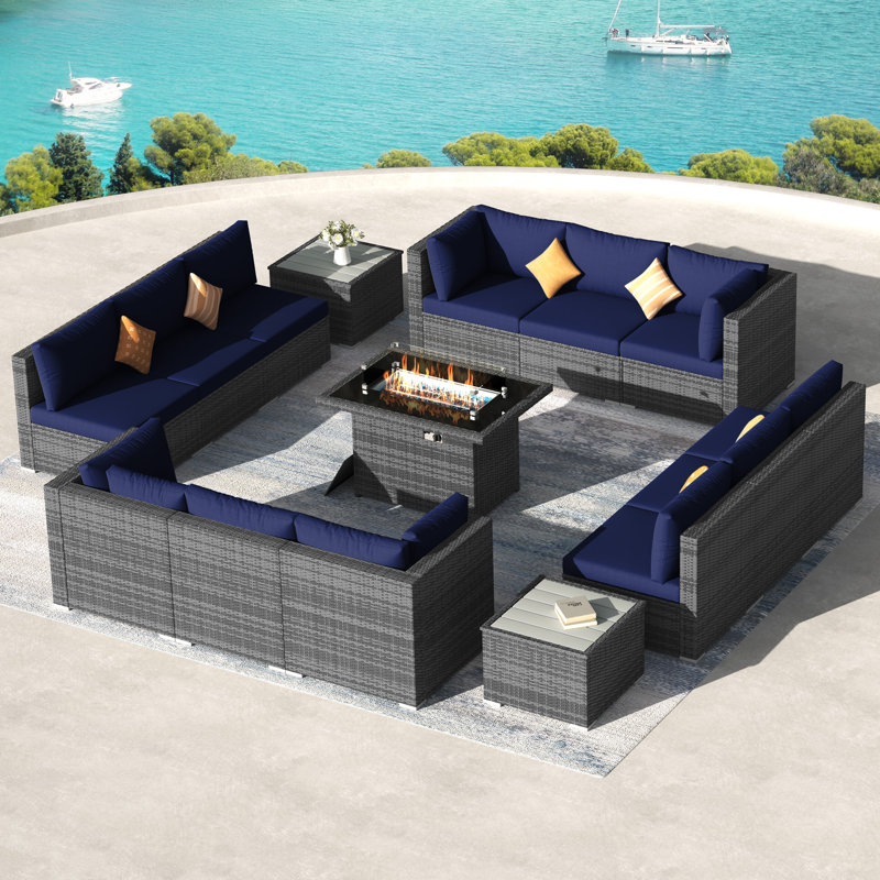 15-Piece Outdoor Modular PE Wicker Sectional Conversation Set with 43" Propane Fire Pit Table, 2 Side Tables & Cushions, Navy