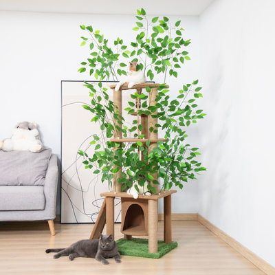 Arbre à chat 76,8 po à 5 niveaux avec plantes et branches, multifonctionnel pour grimper, se cacher et dormir, brun