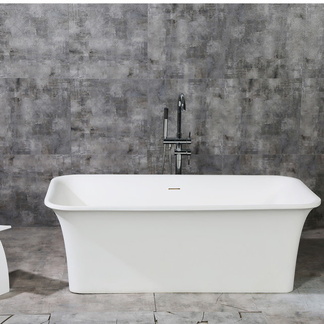 Kingston Brass Arcticstone 67-Inch Solid Surface Rectangular Double Ended Freestanding Tub with Drain, White