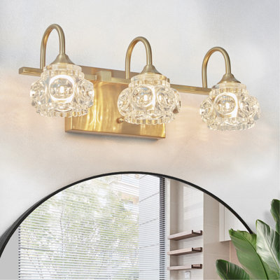 Luminaire de salle de bain moderne en cristal 17 po, applique murale dorée à 3 lumières avec abat-jour en verre transparent, éclairage mural élégant pour salle de bain, salle d'eau ou miroir de meuble-lavabo (ampoules non incluses)