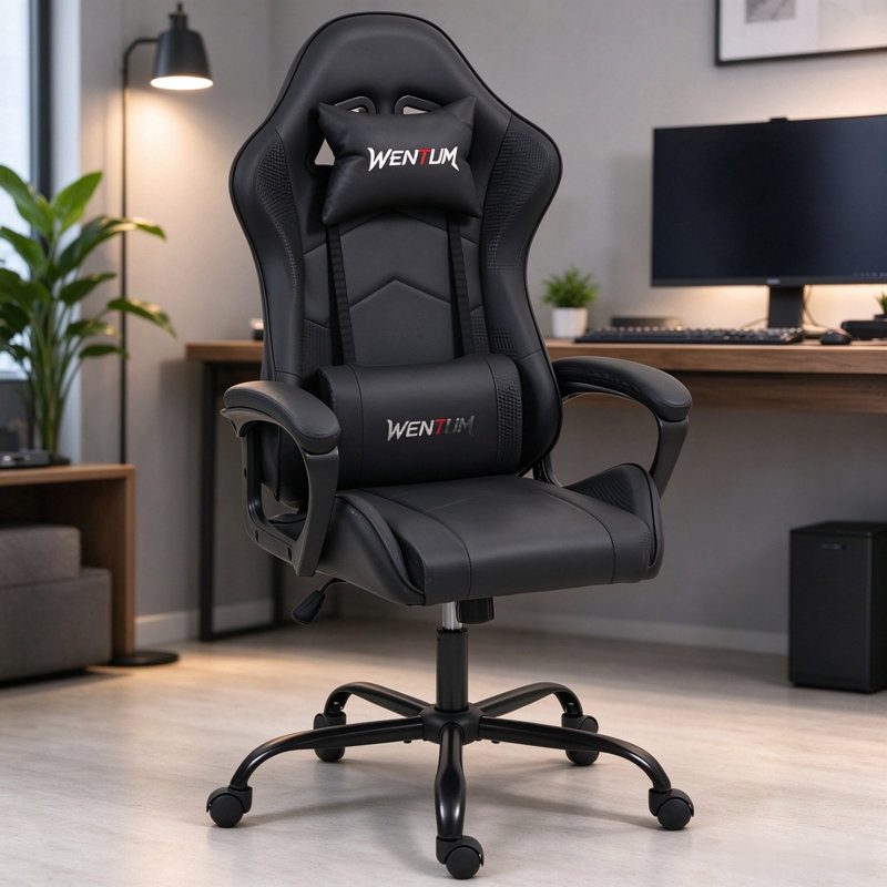 Fauteuil de jeu ergonomique de style course, fauteuil de bureau d'ordinateur à haut dossier avec support lombaire et appui-tête réglables, fauteuil de jeu PC pivotant en cuir synthétique 360 ° pour adultes
