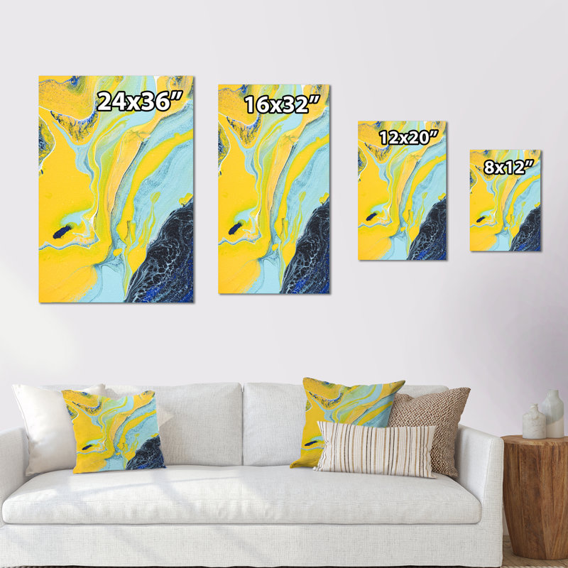 Art de marbre bleu foncé et jaune V - œuvre d'art moderne et contemporaine sur toile, H 32 po x l 16 po x P 1 po