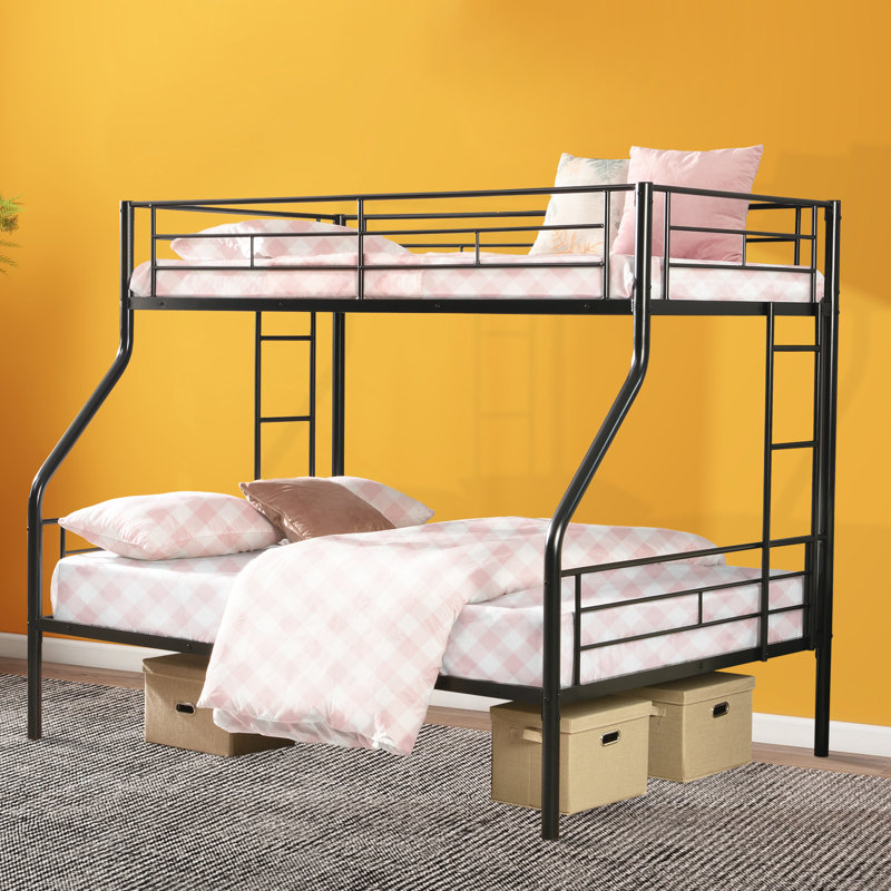 Metal Twin Over Full Bunk Bed With Trundle, Ladder, Full-Length Guardrails, Noise-Free, No Box Spring Required