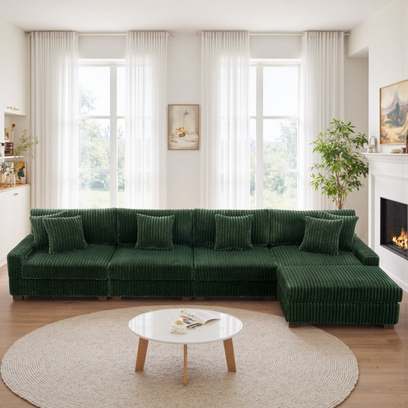 5 Seater Sectional, Green Faux Fur