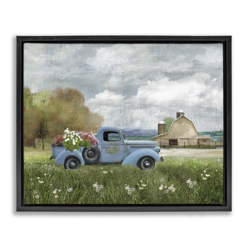 Camion bleu rétro dans un pré, H 25 po x l 31 po, Cadre flottant noir de jais