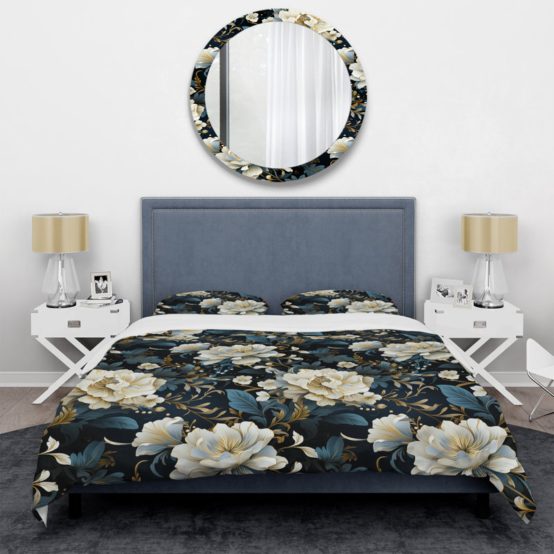 Ensemble de housse de couette floral bleu et blanc Victorian Flower Elegance, Housse de couette pour très grand lit et 2 très
