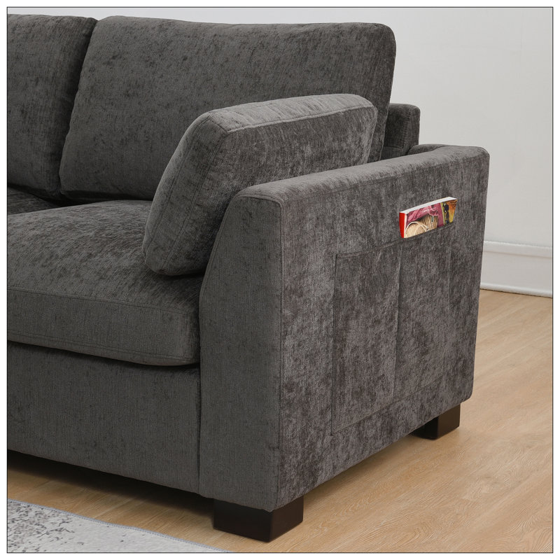 Canapé modulaire de 130 po en forme de L avec table pliante et port double, poches de rangement latérales, 2 coussins d'accoudoirs, repose-pieds à mouvement libre, mousse haute densité, chenille, 5 sièges,