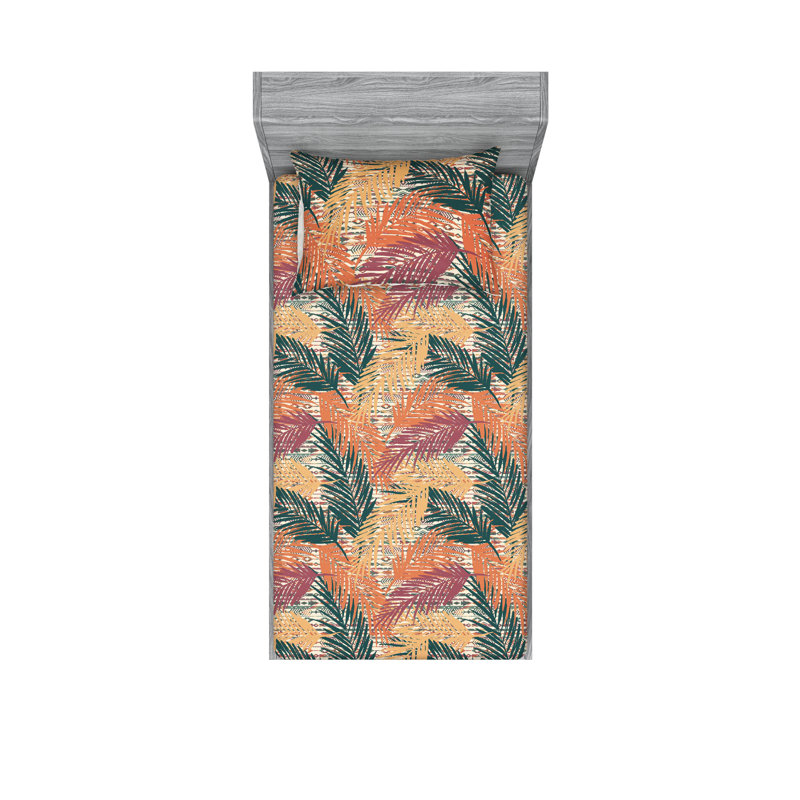 Ambesonne Fitted Sheet & Shams 3 Pcs Spring White Asters Calking Pistachio Green Mustard, Burnt Sienna/Dark Teal Floral