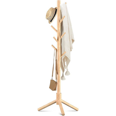 Adjustable Freestanding Wooden Coat Rack with 8 Hooks, Space-Saving Hallway & Entryway Organizer