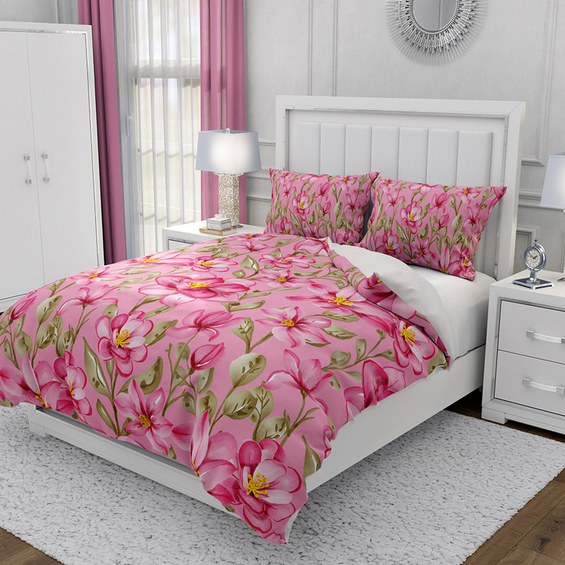 Ensemble de housse de couette en microfibre rose et vert 3 pièces, Housse de couette très grand + 2 taies décorativ