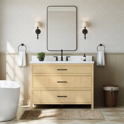 Meuble-lavabo simple 48 po Isola en chêne scandinave, comptoir en quartz blanc, lavabo carré encastrable (3 trous), garniture noir mat