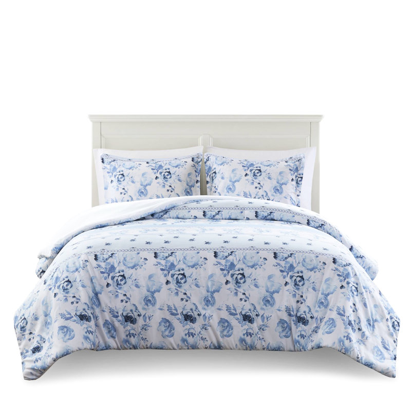 Housse de couette rétro à motif floral et rayé en microfibre simple, attaches intérieures, bleu lavable à la machine pour la fermeture à boutons, textile