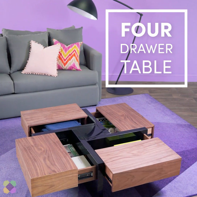 Billie Modern Walnut & Black Square Coffee Table with Hidden Storage