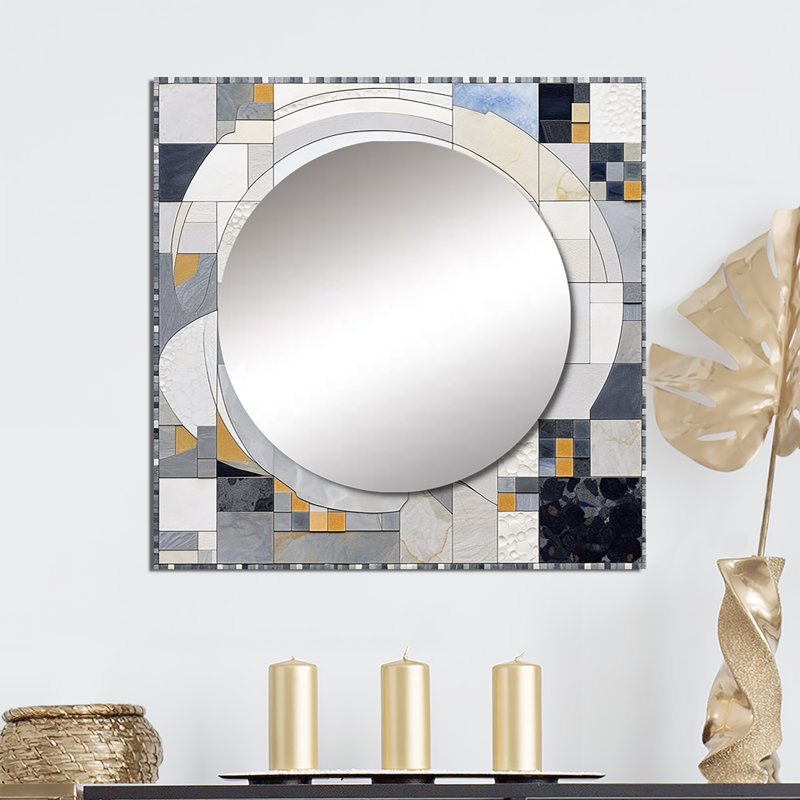 Berardina - Grey and Yellow Mosaic III Abstract Shapes Square Mirror Wall Art For Bathroom, 23" x 23"